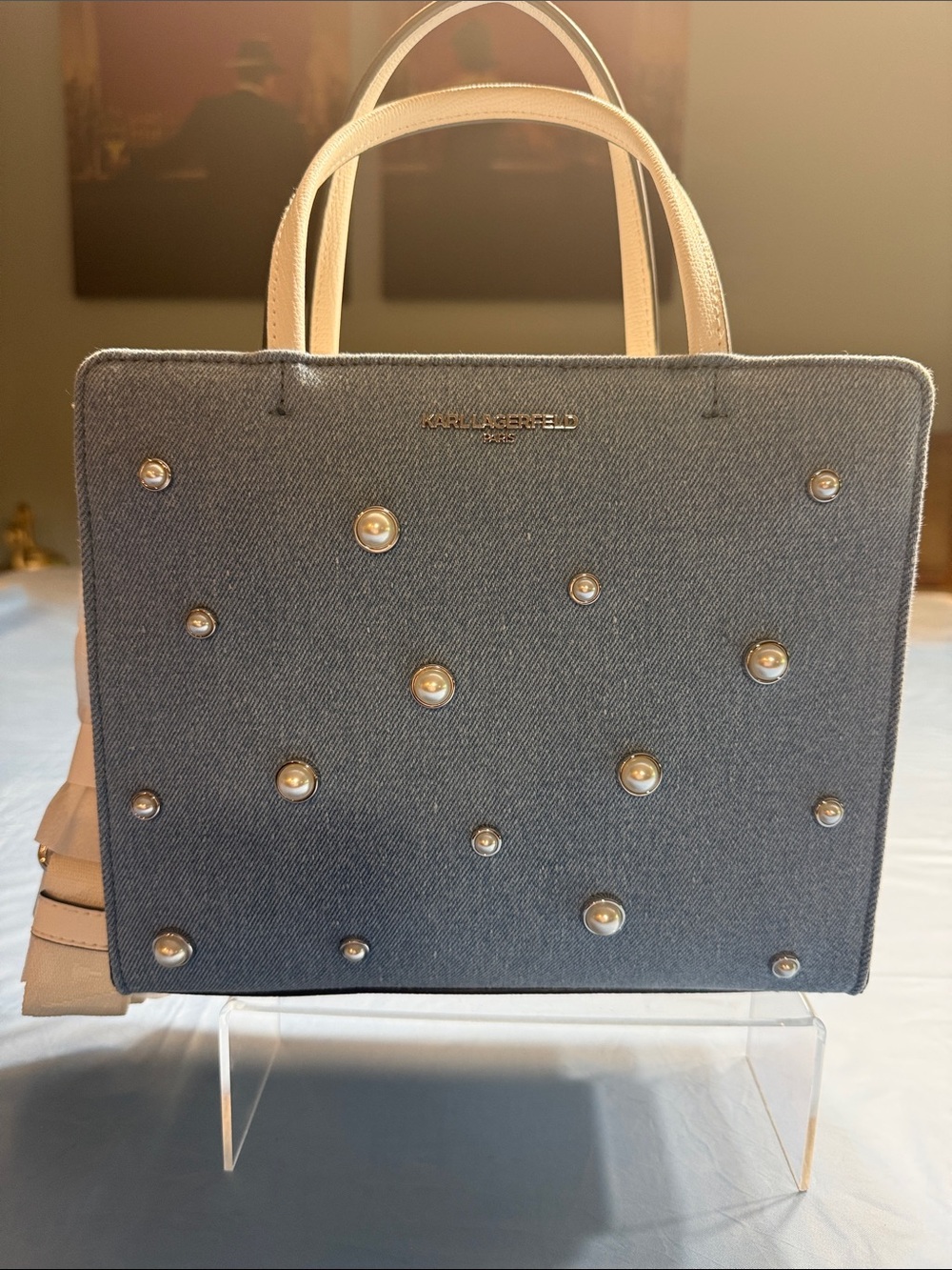 Karl Lagerfeld Blue Denim Tote with Cream Handles and Pearl Studs
